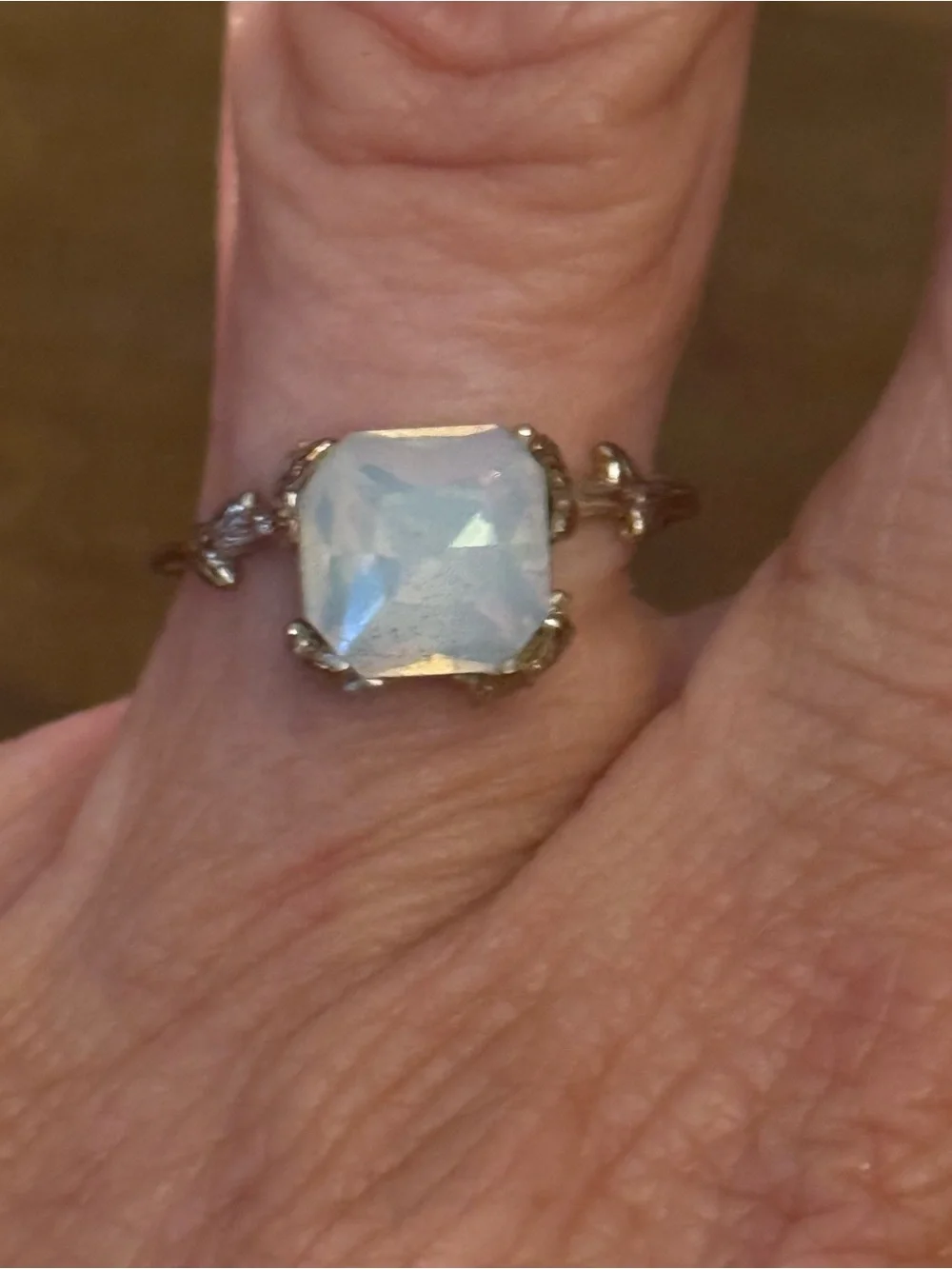 Vintage gold tone emerald cut moonstone vine ring